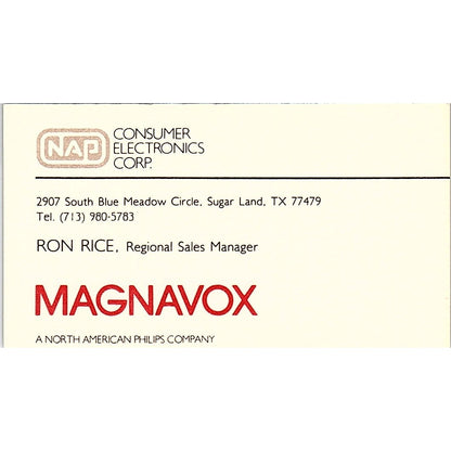 Ron Rice Magnavox Consumer Electronics Sugar Land Vintage Business Card SC9-B7