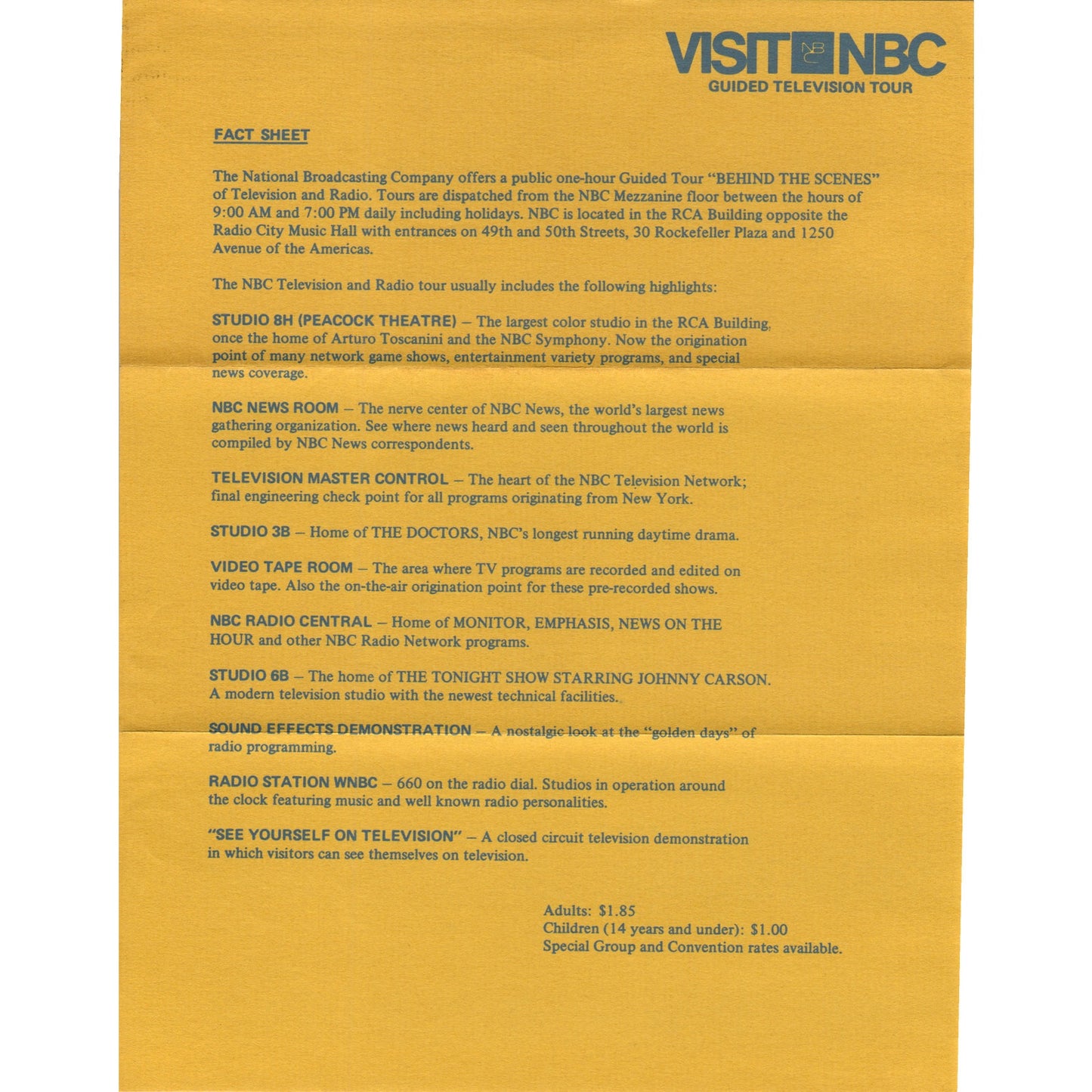 Vintage NBC Guided Television Tour Travel Leaflet TF4-BA