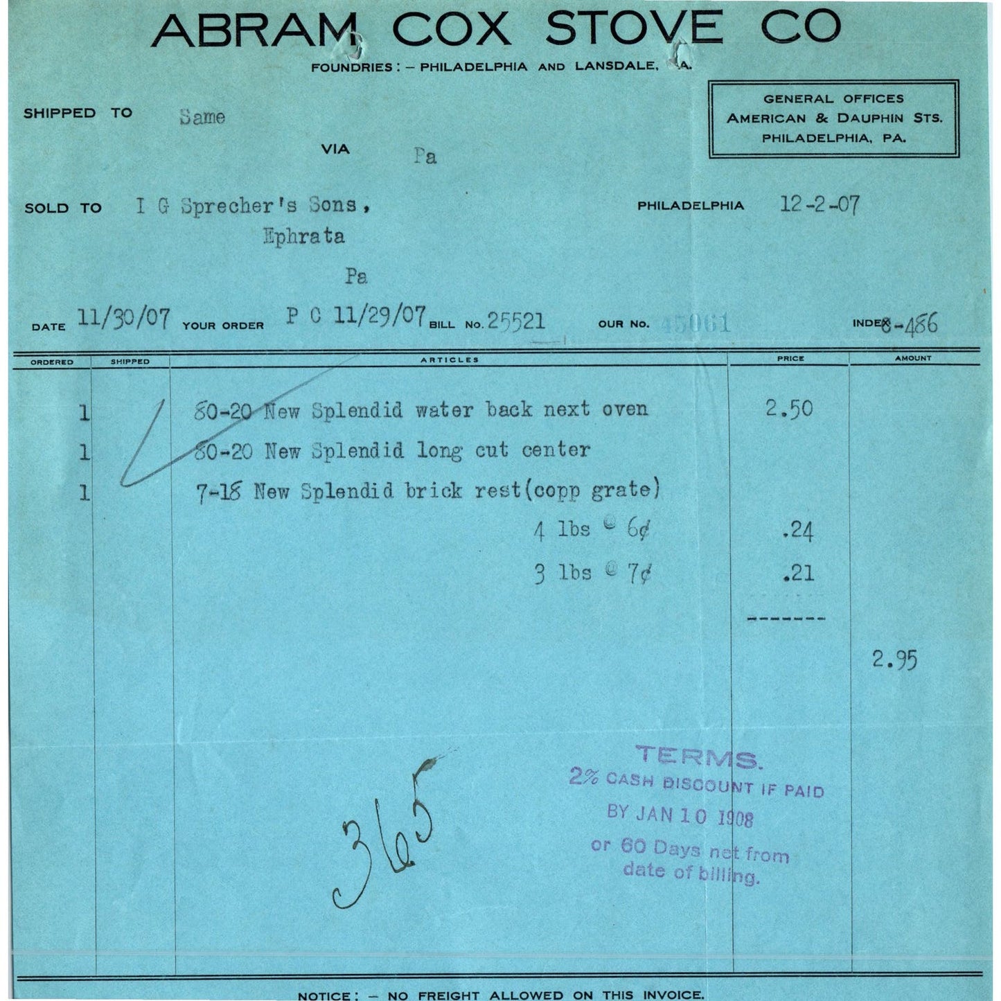 1907 Abram Cox Stove Co Philadelphia Letterhead Billhead Receipt D11