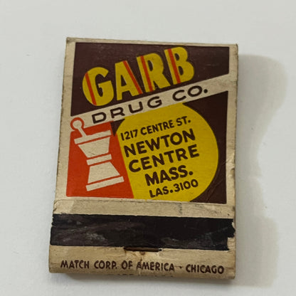 Garb Drug Co Newton Centre MA Vintage Matchbook Cover TB6-MB1-2
