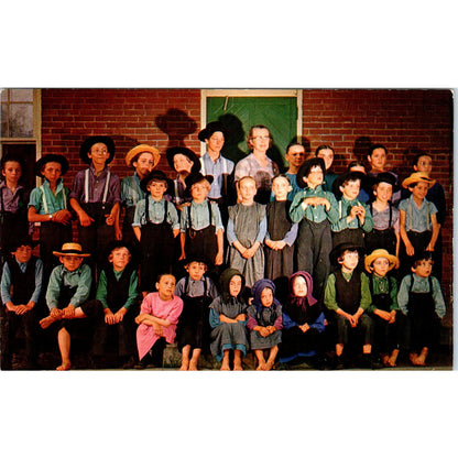 Amish Children & Teacher Red Schoolhouse Pennsylvania Dutch Country Postcard PD8