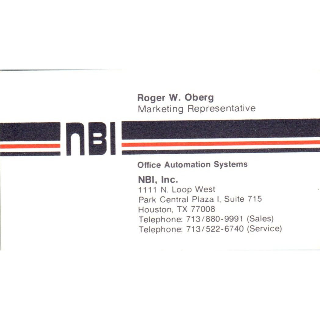Roger W. Oberg NBI Office Automation Houston TX Vintage Business Card SE3-B3