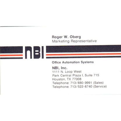 Roger W. Oberg NBI Office Automation Houston TX Vintage Business Card SE3-B3