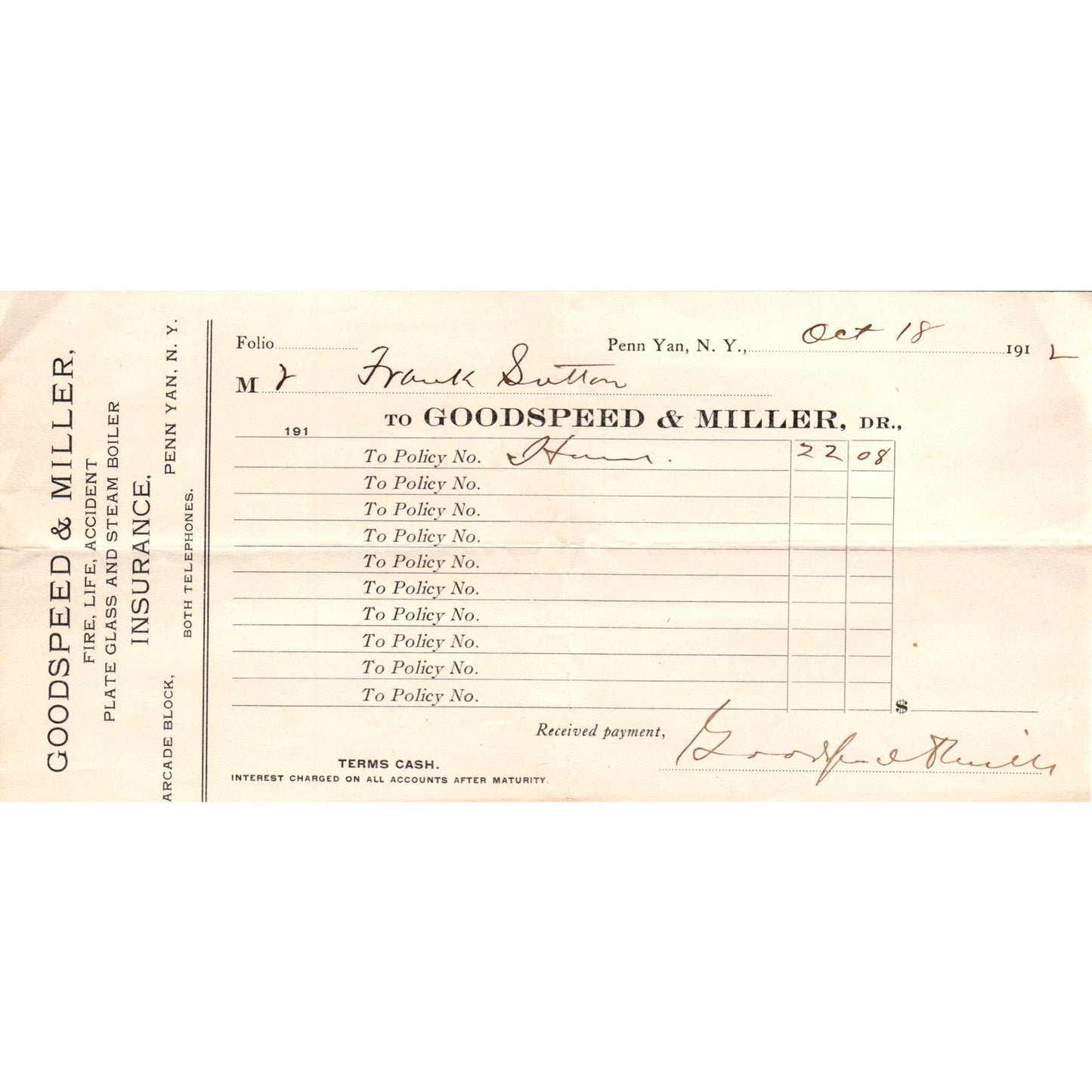 1912 Goodspeed & Miller Penn Yan NY Letterhead Billhead Frank Sutton AB6-OD1