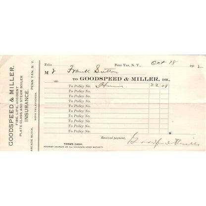 1912 Goodspeed & Miller Penn Yan NY Letterhead Billhead Frank Sutton AB6-OD1