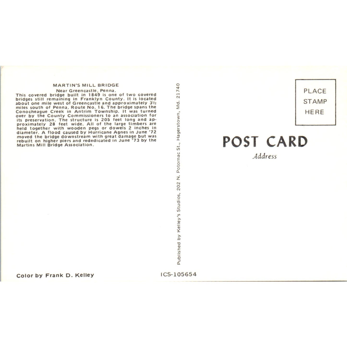 Martin's Mill Bridge Greencastle PA Vintage Covered Bridge Postcard PD3