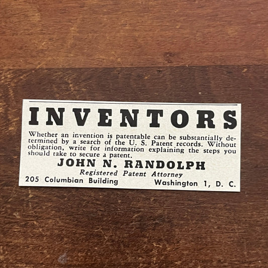 John N Randolph Patent Attorney Washington DC 1955 Ad AG1-S1
