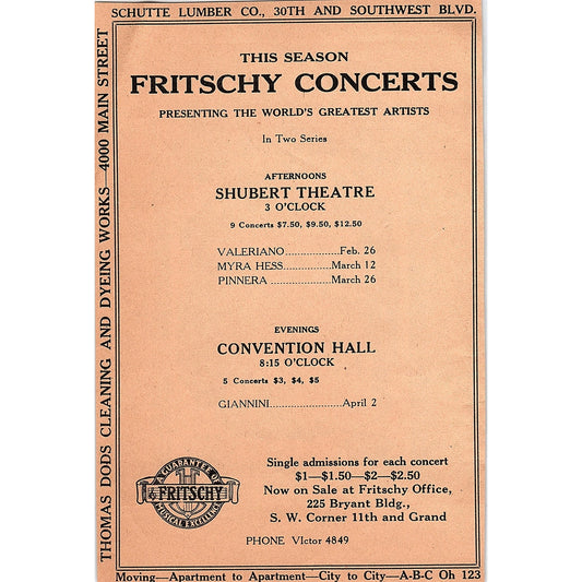 Shubert Theatre Fritschy Concerts 1929 Kansas City Ad AG6-7