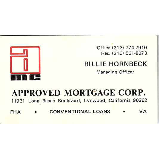 Billie Hornbeck Approved Mortgage Corp Lynwood CA Vintage Business Card SD9-B4