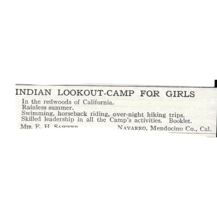 Indian Lookout-Camp For Girls Mendocino CA Mrs. E.H. Sawyer c1920 Ad AG4-S7