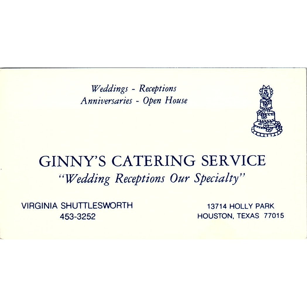 Virginia Shuttlesworth Ginny's Catering Service Houston Vtg Business Card SD9-B5