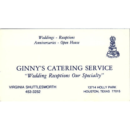 Virginia Shuttlesworth Ginny's Catering Service Houston Vtg Business Card SD9-B5