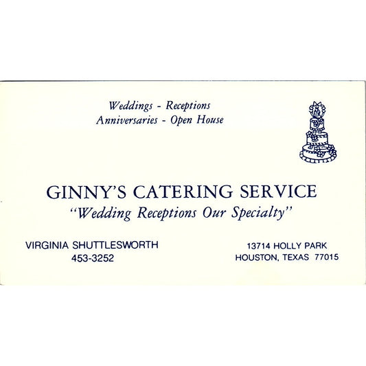 Virginia Shuttlesworth Ginny's Catering Service Houston Vtg Business Card SD9-B5