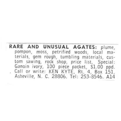 Ken Kyte Rare Agates Asheville NC 1972 Ad AF8-S15