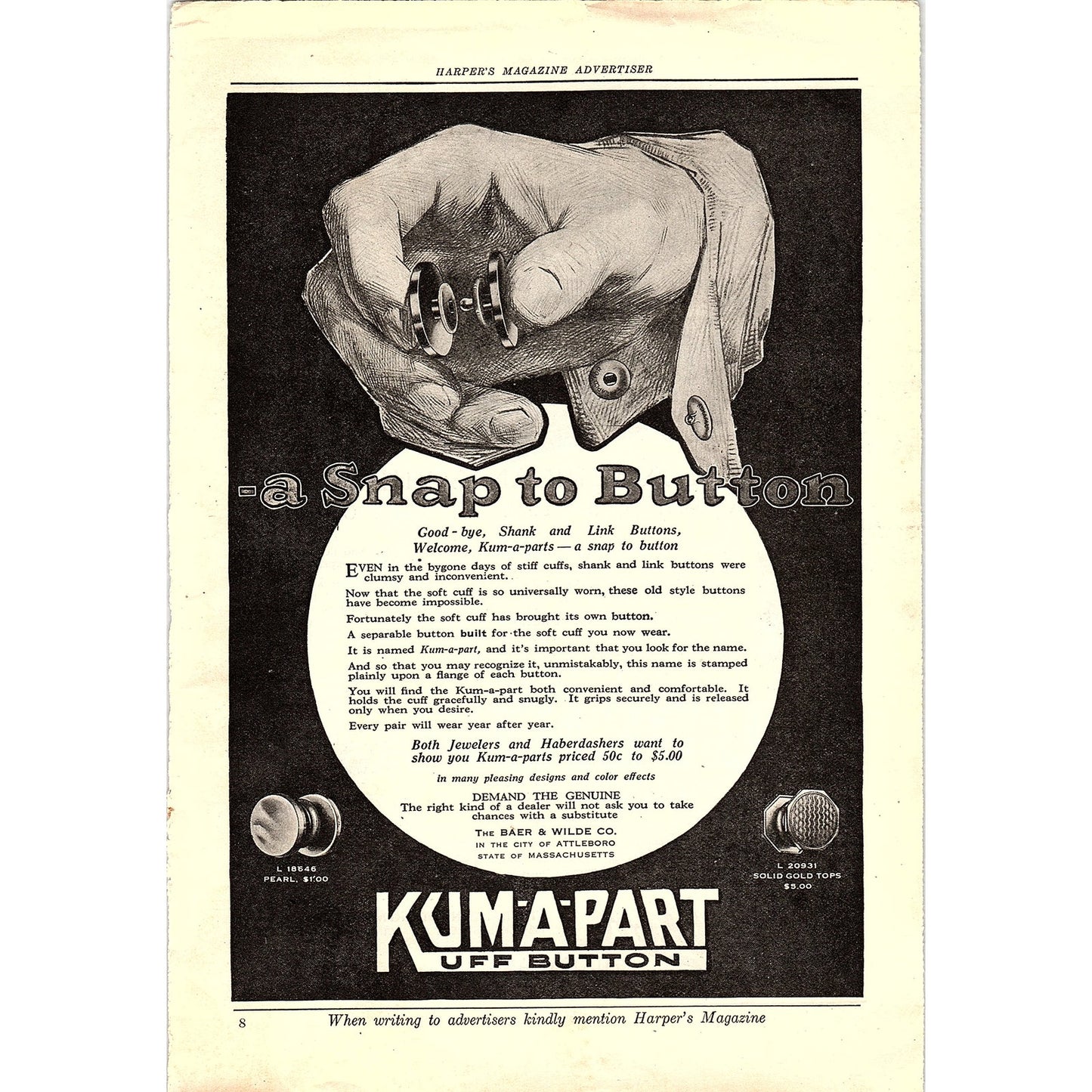 Kum-A-Part Kuff Button Baer & Wilde Co Attleboro MA c1920 Ad AF8-7