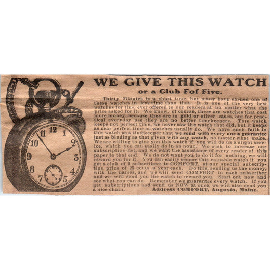 Pocket Watch Club Offer Comfort Augusta Maine 1910 Magazine Ad AF1-CM3