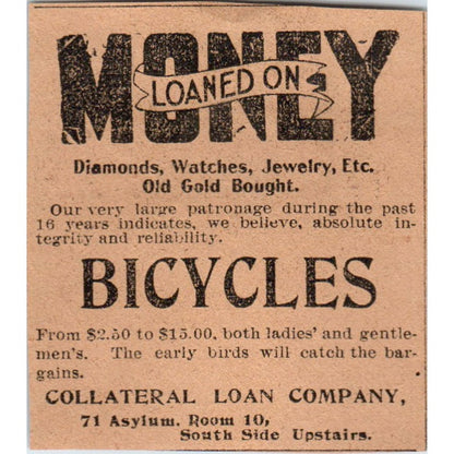 Collateral Loan Co Money for Bicycles Hartford 1901 Newspaper Ad AD8-HS2