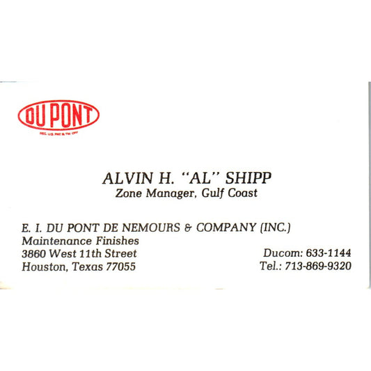 Alvin H Al Sharp Du Pont Houston Vintage Business Card SE3-B10