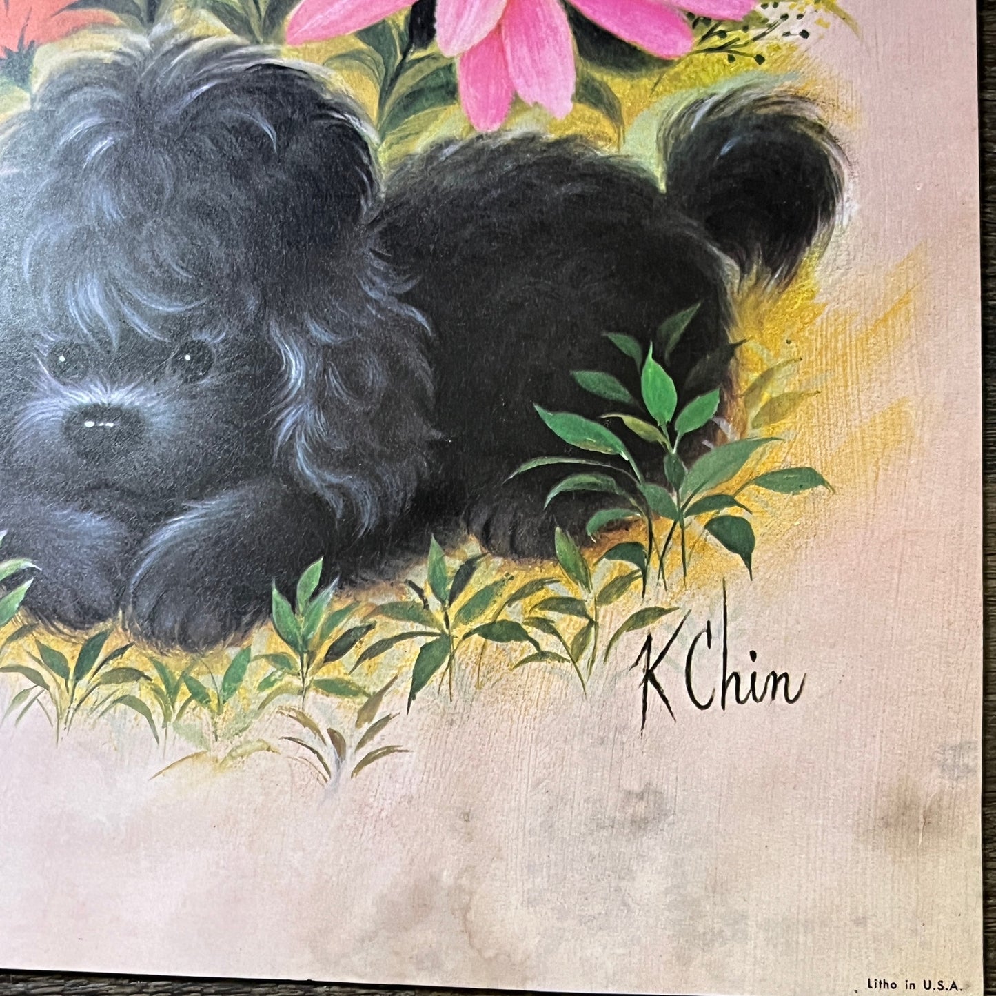 Retro Kitsch 1970s K. Chin Black Puppy Poodle Flowers Art Print 9x12 V4