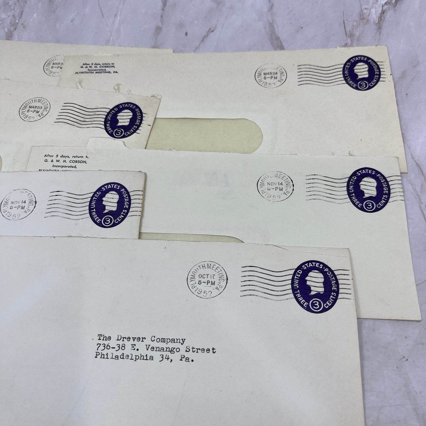 1950s Lot G. & W.H. Corson Inc. Plymouth Meeting Postal Cover Envelopes L4-4-13