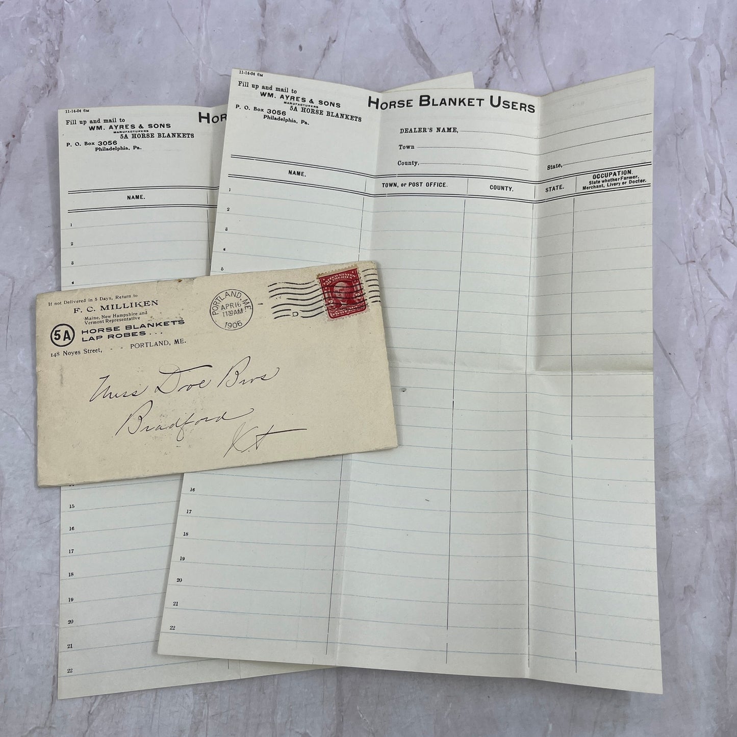 1906 F.C. Milliken Horse Blankets Lap Robes Envelope & Forms Portland ME ML1-7