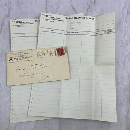 1906 F.C. Milliken Horse Blankets Lap Robes Envelope & Forms Portland ME ML1-7