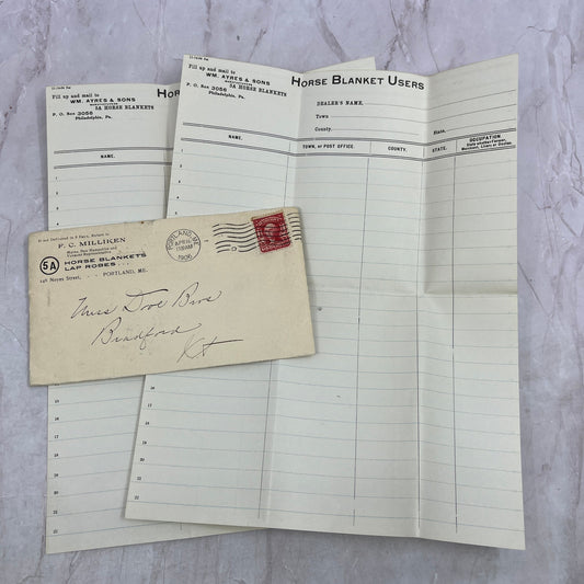 1906 F.C. Milliken Horse Blankets Lap Robes Envelope & Forms Portland ME ML1-7
