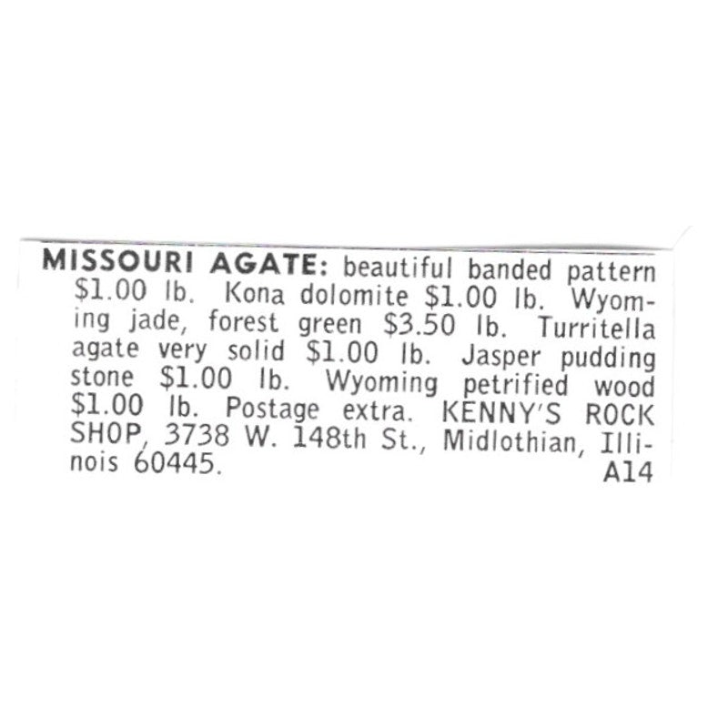 Kenny's Rock Shop Missouri Agate Midlothian IL 1972 Ad AF8-S15