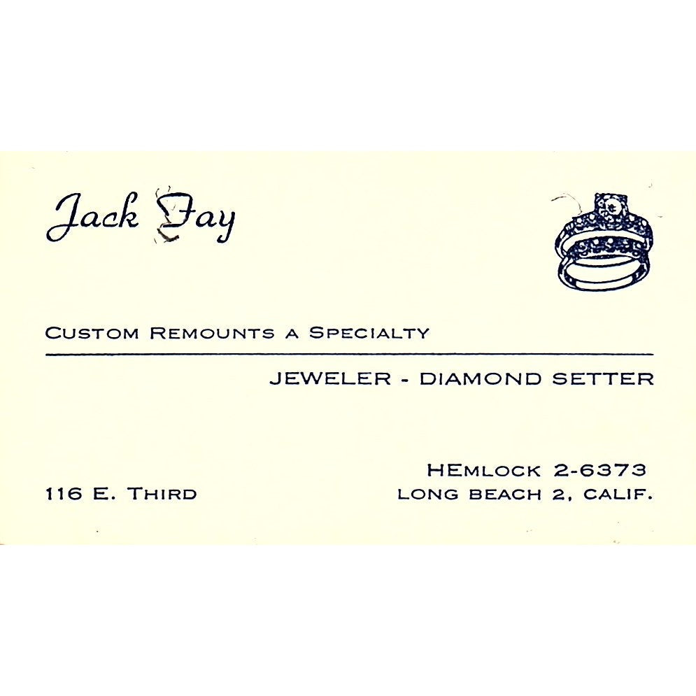 Jack Jay, Custom Remount A Specialty, LongBeach CA, Vintage Business Card SF3-B9