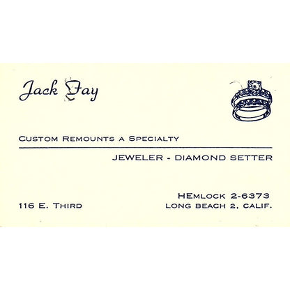Jack Jay, Custom Remount A Specialty, LongBeach CA, Vintage Business Card SF3-B9