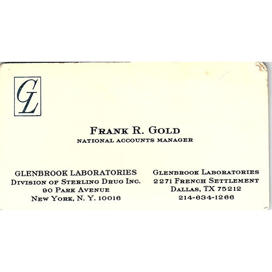 Glenbrook Laboratories Frank R. Gold New York Vintage Business Card SB4-B2