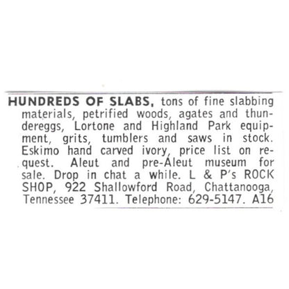 L&P's Rock Shop Lapidary Slabs Chattanooga Tennessee 1972 Ad AF8-S12