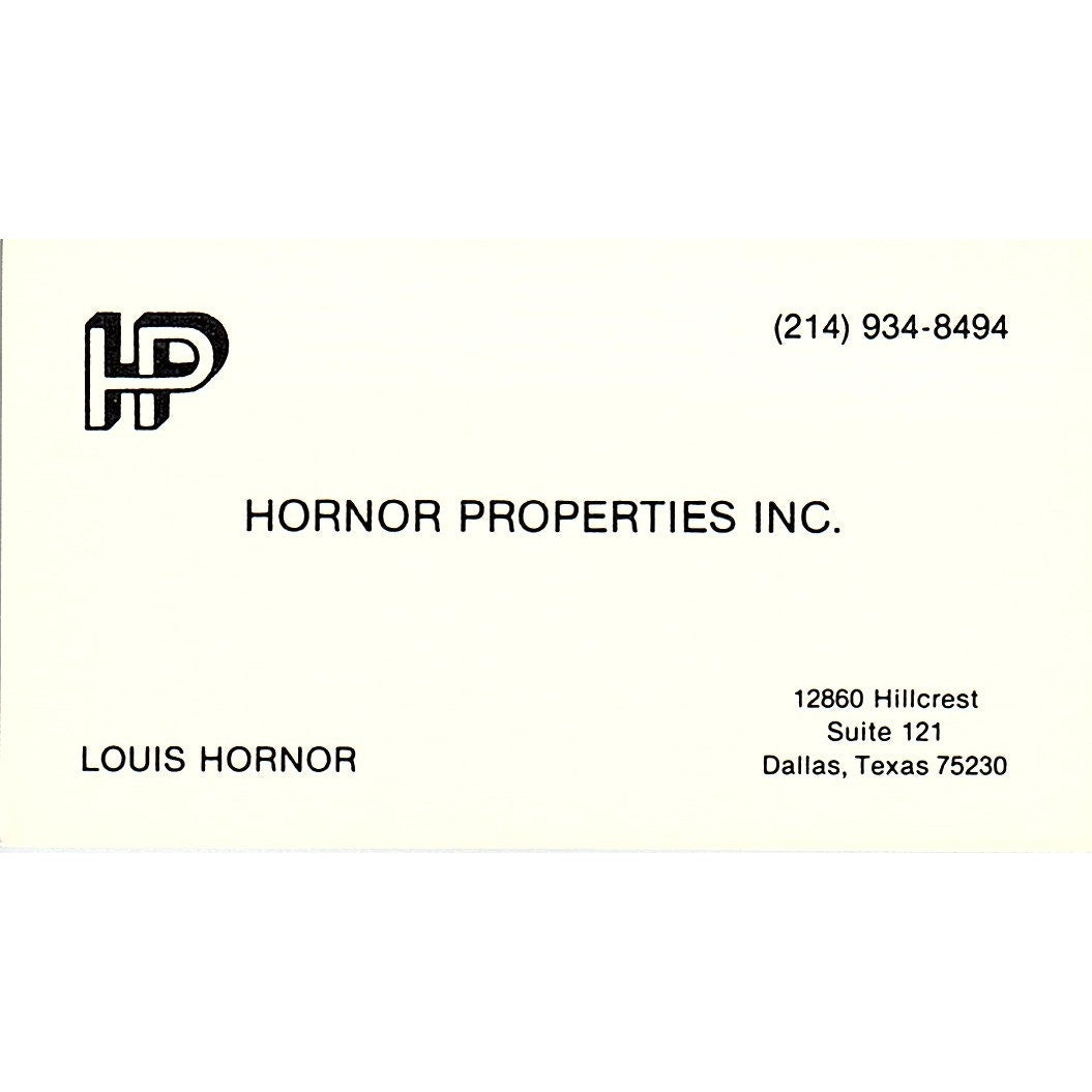Louis Hornor Properties Inc Dallas TX Vintage Business Card SE3-B14