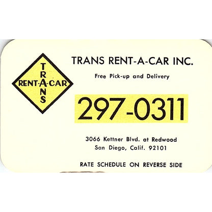 Trans Rent-A-Car Inc San Diego CA Vintage Business Card SD9-B10