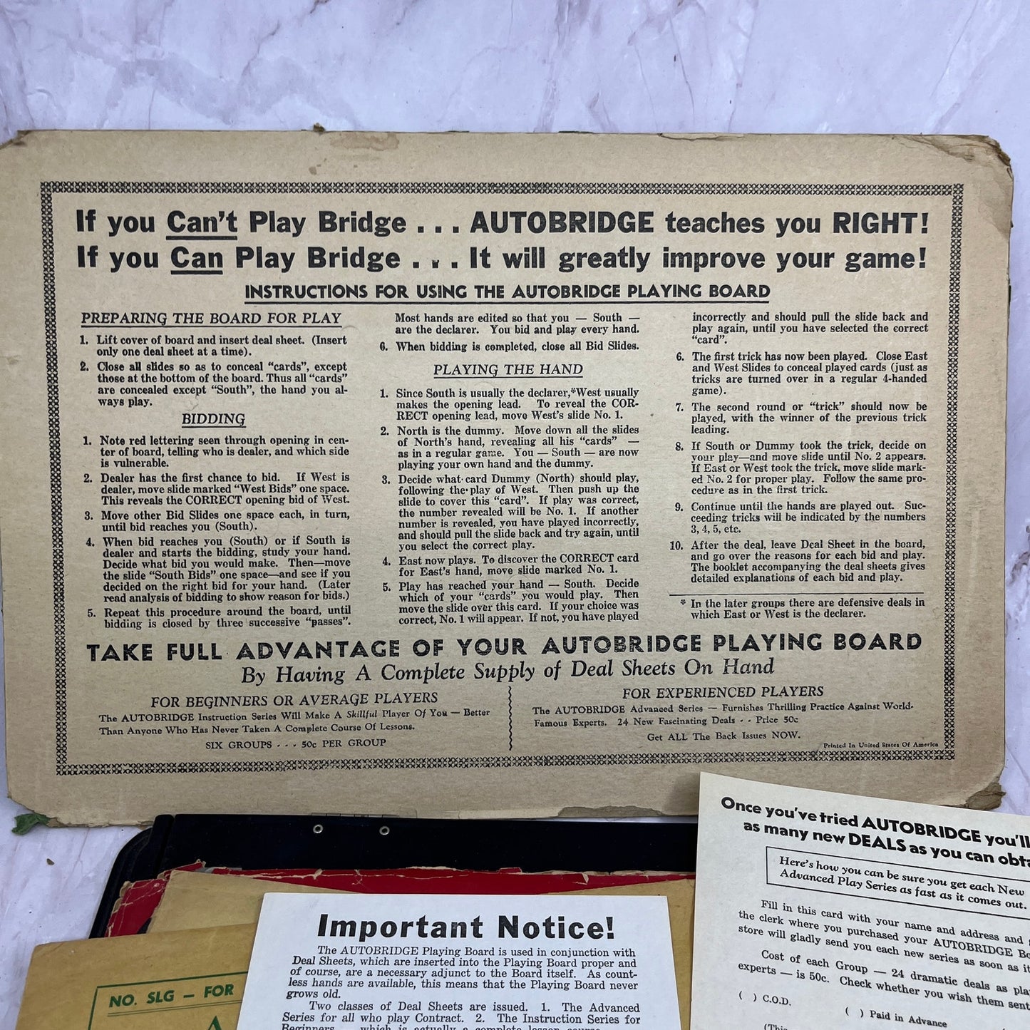 Vintage Autobridge Play-Yourself Bridge Game Board and Extra Playing Hands TK3