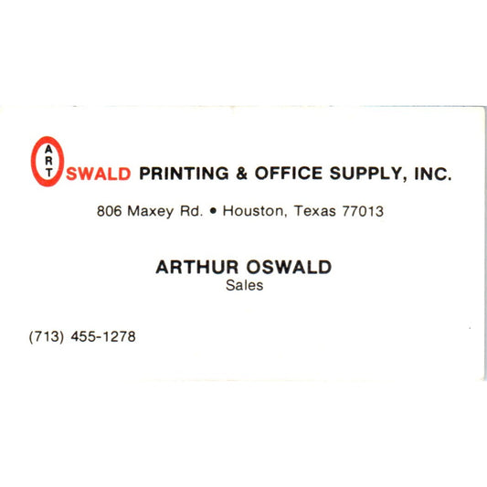 Arthur Oswald Printing & Office Supply Houston TX Vintage Business Card SE3-B5