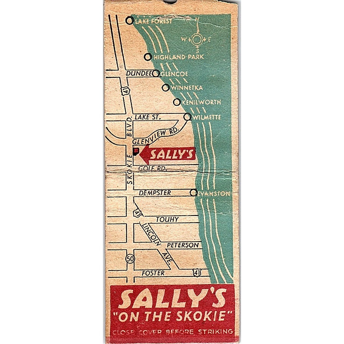 Sally's On The Skokie IL Map Vintage Matchbook Cover SC7-Y5