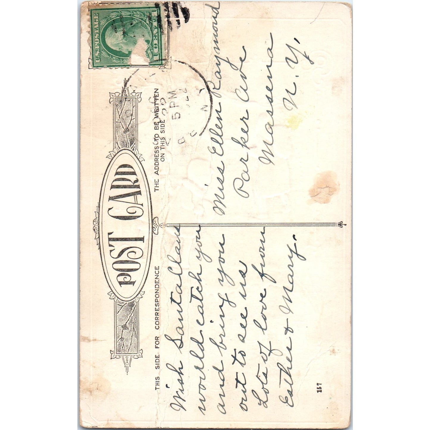 1922 Christmas Santa Massena NY Vintage Postcard PD1