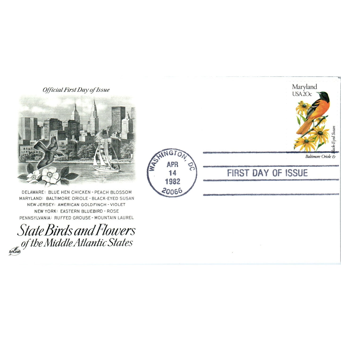 Maryland 1982 State Birds & Flowers of Middle Atlantic First Day Issue TJ5-PC1