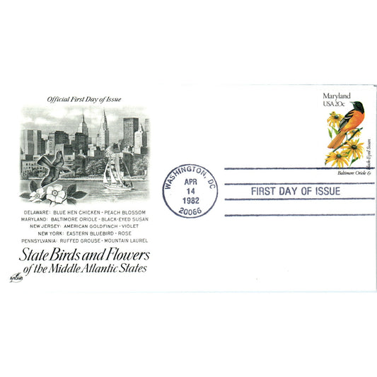 Maryland 1982 State Birds & Flowers of Middle Atlantic First Day Issue TJ5-PC1