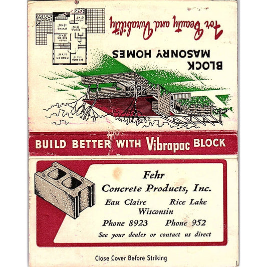 Fehr Concrete Products Inc Eau Claire Rice Lake WI Large Matchbook Cover TH2-Y1