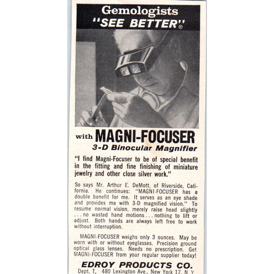 Edroy Products Co Magni-Focuser Binocular Magnifier NY 1964 Magazine Ad AB6-M2