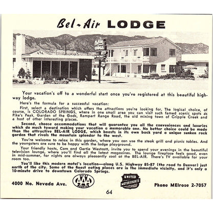 Park Row Lodge, Bel-Air Lodge Manitou Springs CO 1958 Ad AG1-H2