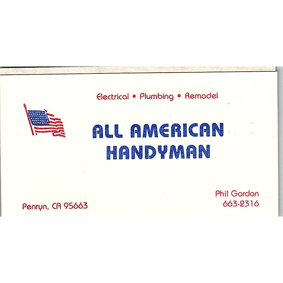 All American Handyman Phil Gordon Penryn CA Vintage Business Card SC9-B1