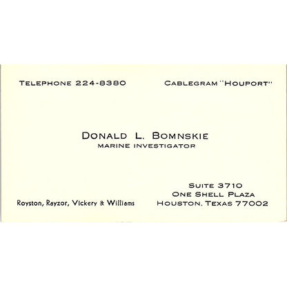 Donald L Bomnskie Marine Investigator Houston Vintage Business Card SD9-B7