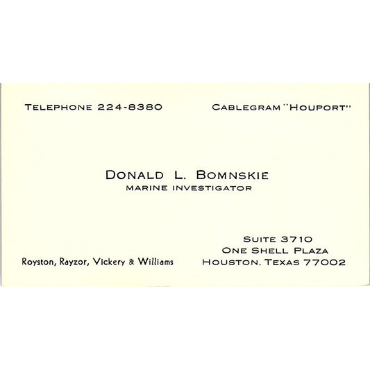 Donald L Bomnskie Marine Investigator Houston Vintage Business Card SD9-B7