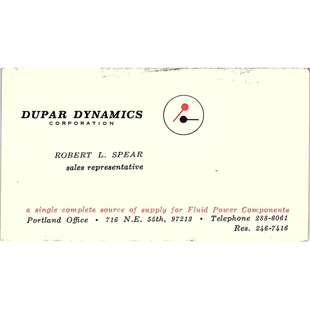 Dupar Dynamics Robert L Spears Portland N.E Vintage   Business Card SB4-B9