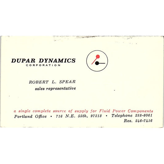 Dupar Dynamics Robert L Spears Portland N.E Vintage   Business Card SB4-B9