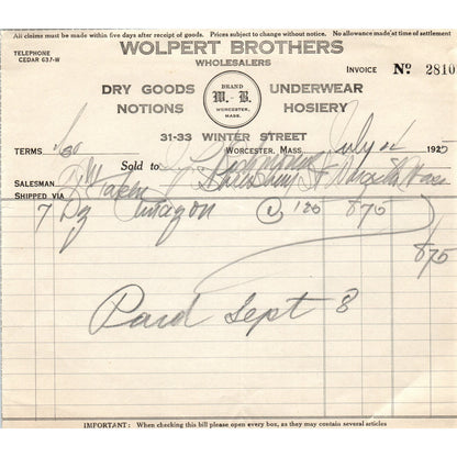 Wolpert Brothers Dry Goods Worcester MA 1925 Original Billhead Receipt D8-LL