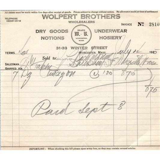 Wolpert Brothers Dry Goods Worcester MA 1925 Original Billhead Receipt D8-LL